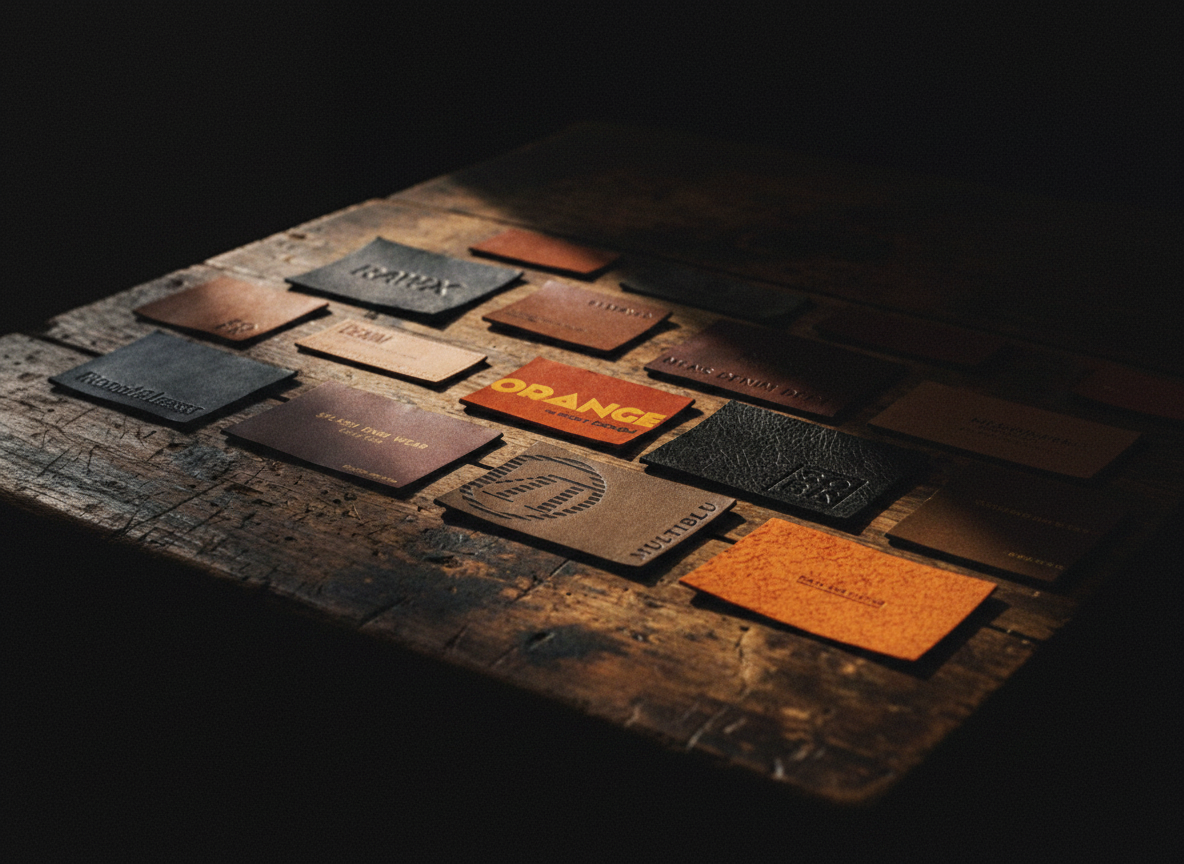 Leather patches in tan, cognac and black arranged on reclaimed wood with embossed and debossed logos